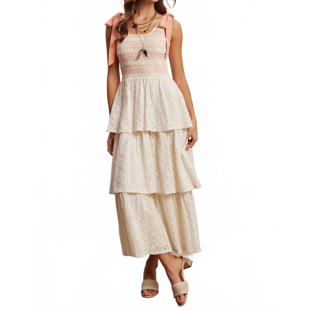 NEW LISTICLE smocked tie shoulder lace maxi dress in cream